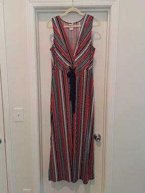 Wrapper Striped Dress in Coral, Navy & White